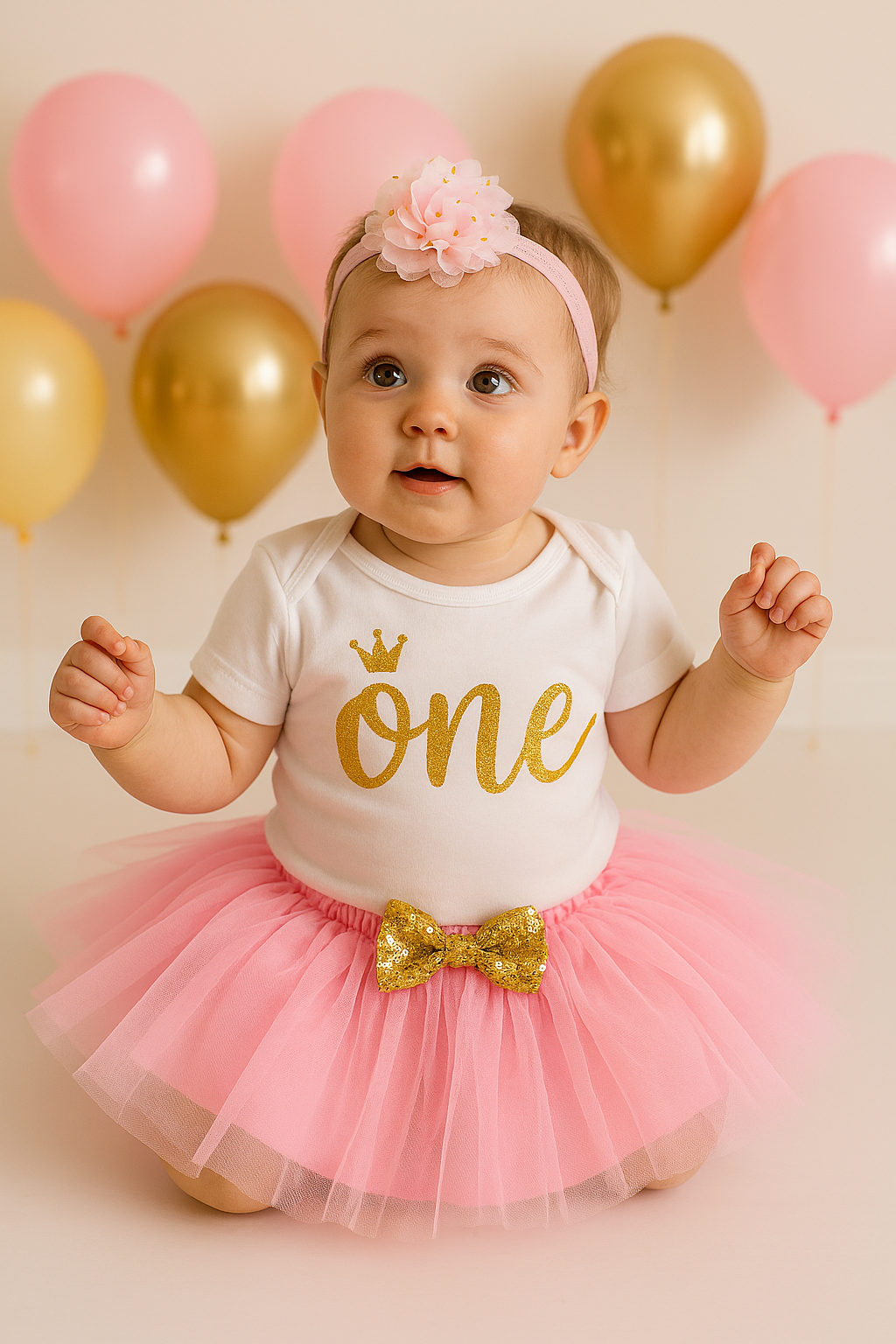 Baby Girl First Birthday Outfit – “One” Gold Letter Onesie, Pink Tutu Skirt & Headband Set