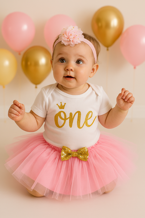 Baby Girl First Birthday Outfit – “One” Gold Letter Onesie, Pink Tutu Skirt & Headband Set