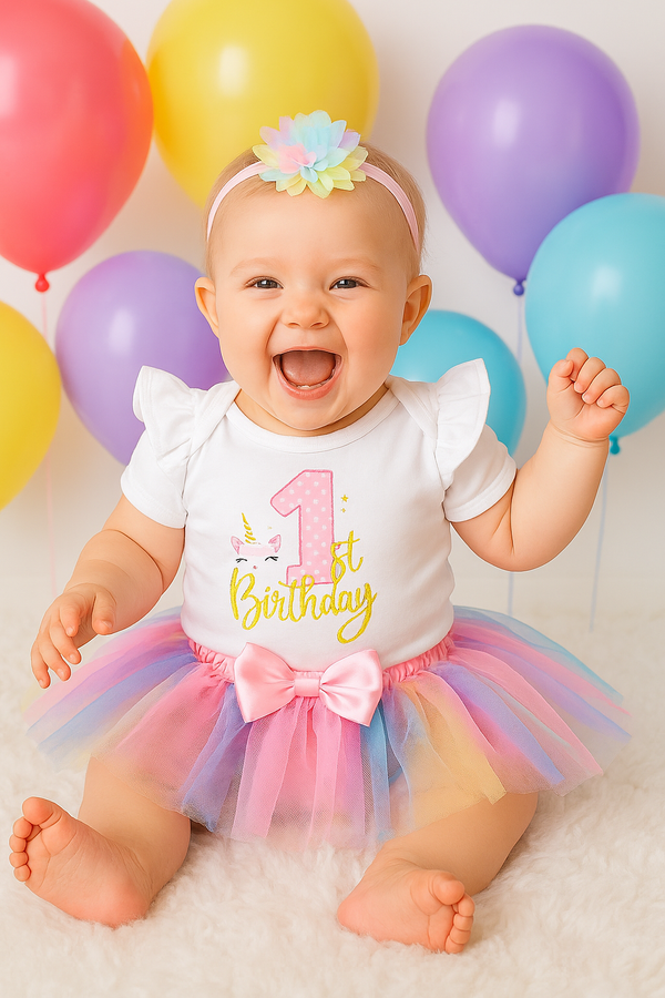 Unicorn First Birthday Outfit for Baby Girls – White Onesie with Rainbow Tutu & Headband