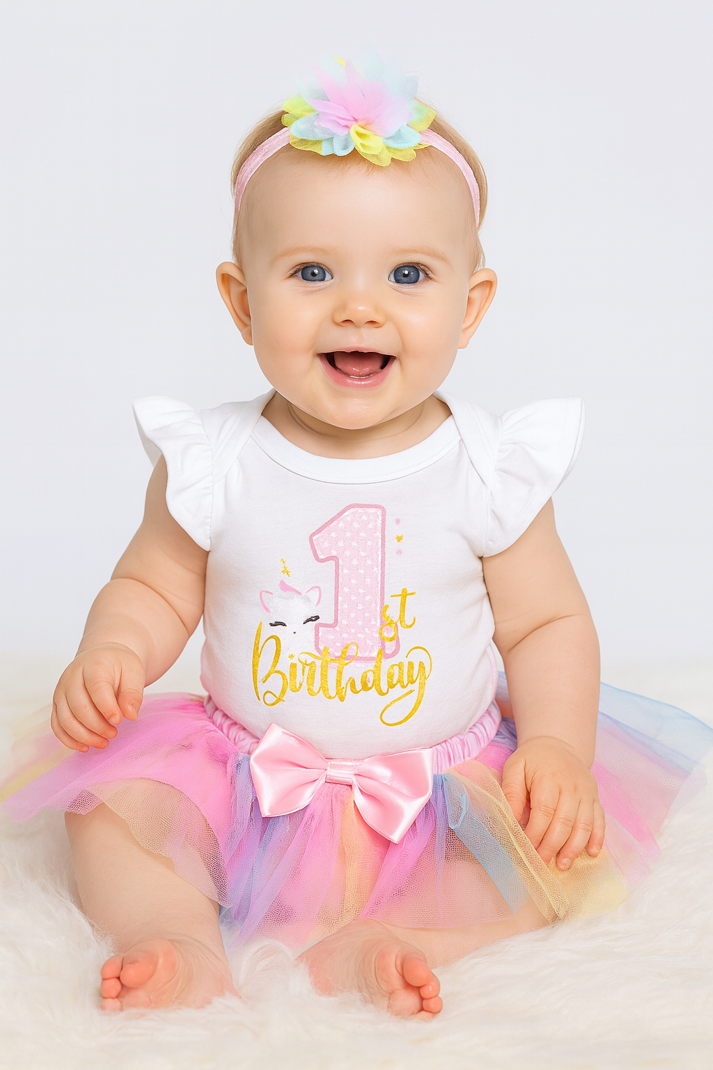 Unicorn First Birthday Outfit for Baby Girls – White Onesie with Rainbow Tutu & Headband
