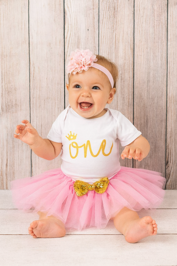 Baby Girl First Birthday Outfit – “One” Gold Letter Onesie, Pink Tutu Skirt & Headband Set