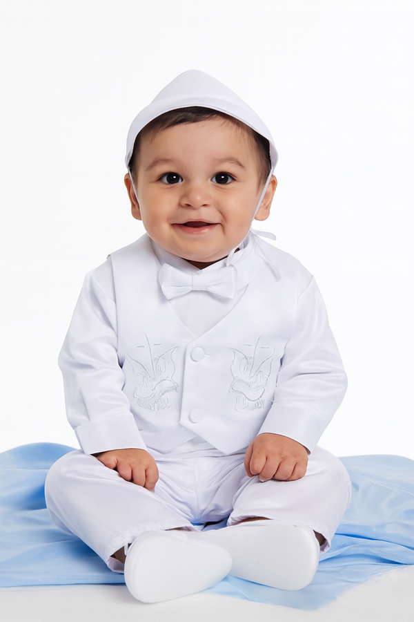 Baby Boy Christening Outfit – White Baptism Suit with Vest, Pants & Bonnet