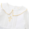 White Baby Christening Outfit Set – Cross Embroidered Romper, Cap & Bib