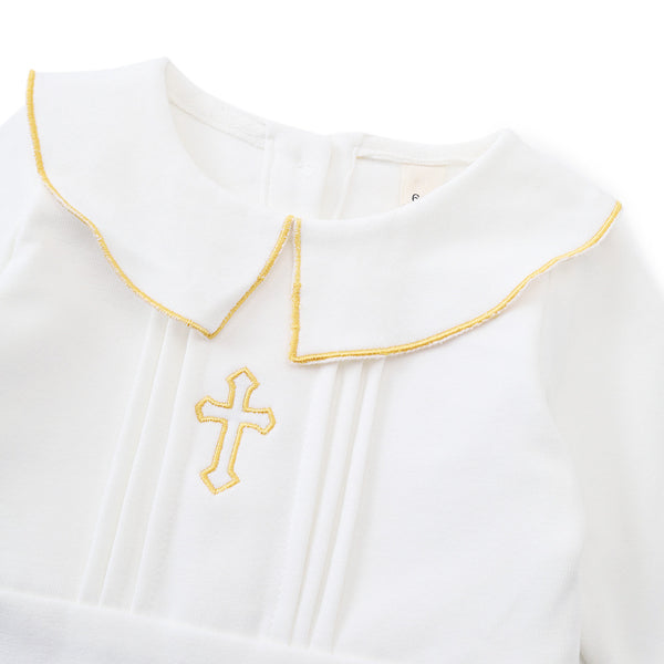 White Baby Christening Outfit Set – Cross Embroidered Romper, Cap & Bib
