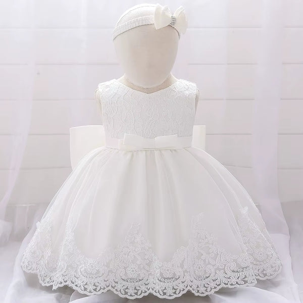 Elegant White Lace Baby Girl Dress with Bow – Infant Christening & Birthday Outfit