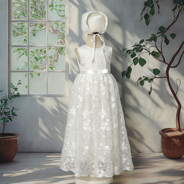 Elegant Baptism/Christening Gown With Bonnet for Baby Girls