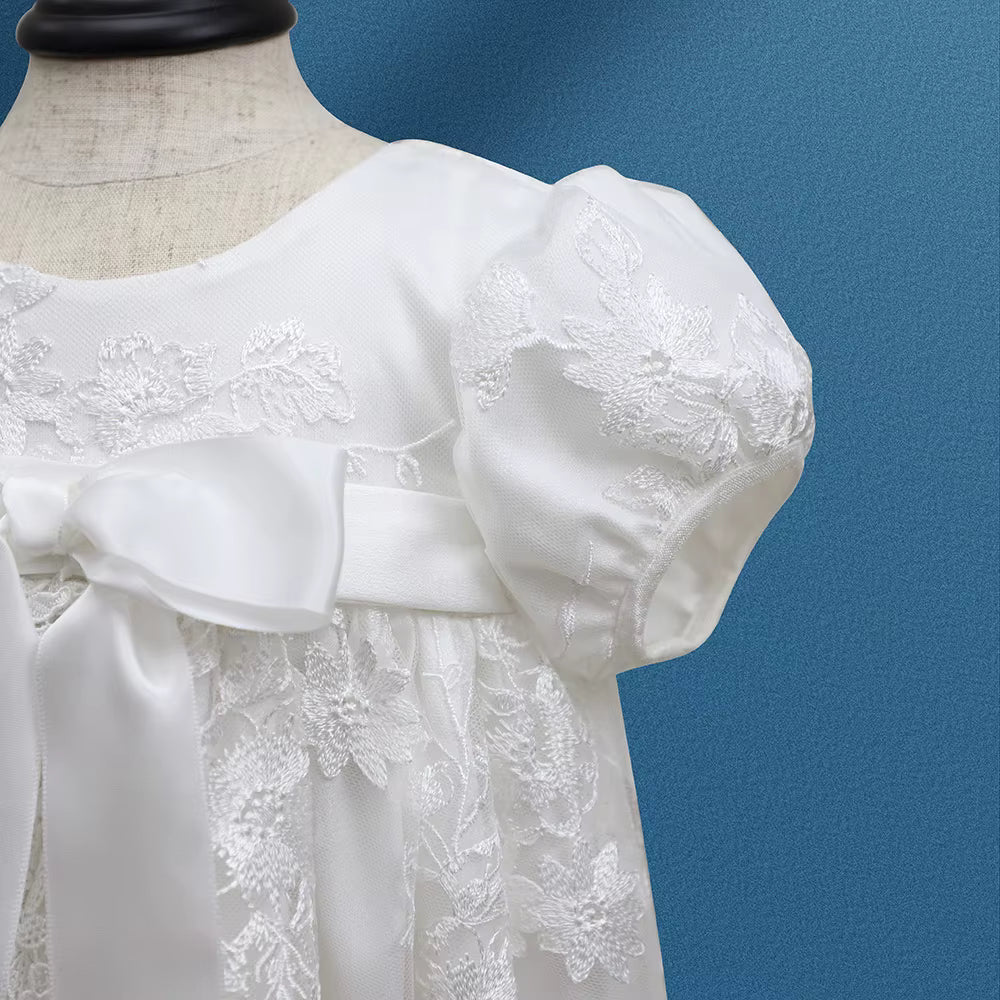 Elegant Baby Girl Baptism & Flower Girl Dress – Silk Christening Gown with Lace & Bonnet.  this dress comes with a free gift, White Rosary Cross Beaded Bracelet Pink Faux Pearl & Rhinestone Balls Bunny Bracelet's .