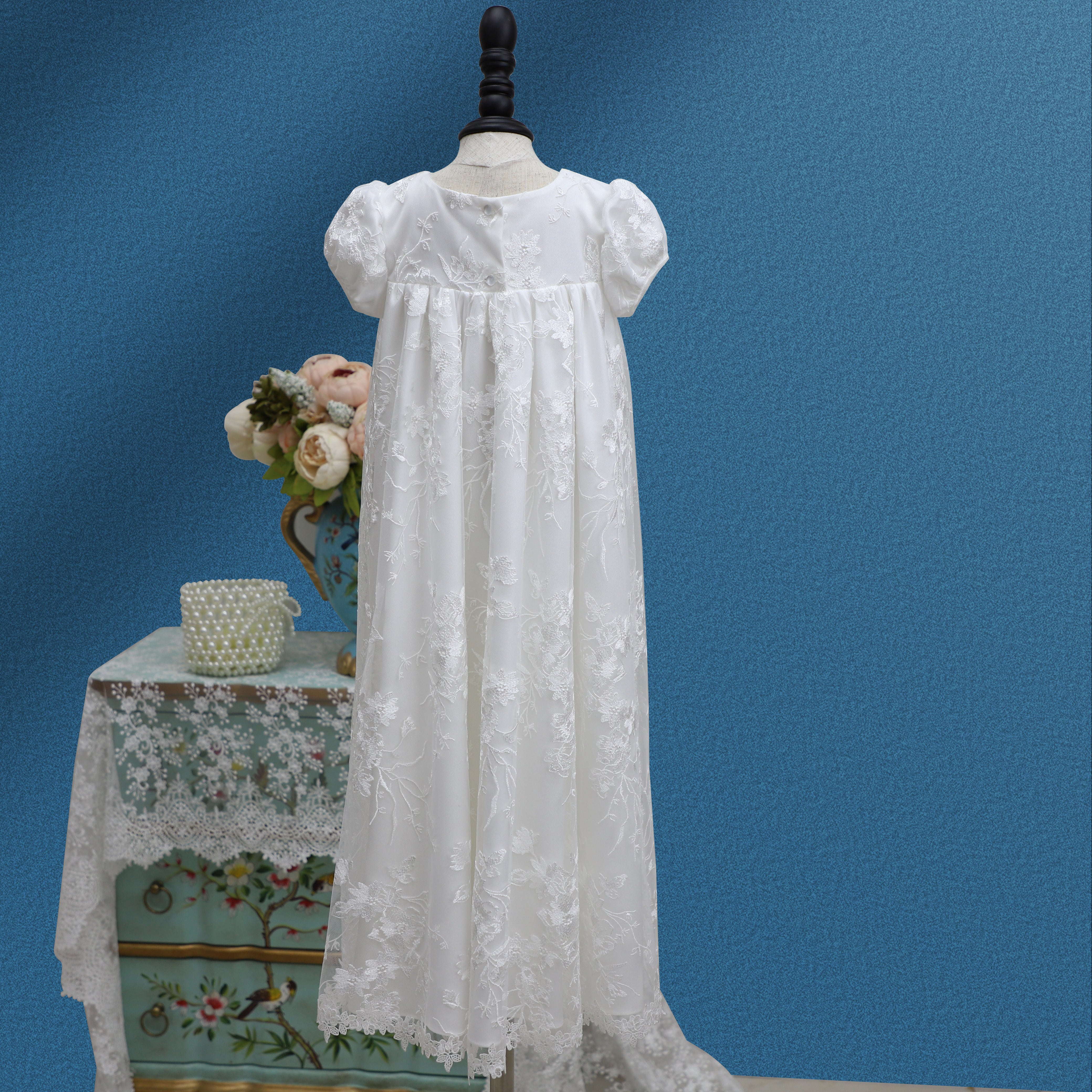 Elegant Baby Girl Baptism & Flower Girl Dress – Silk Christening Gown with Lace & Bonnet.  this dress comes with a free gift, White Rosary Cross Beaded Bracelet Pink Faux Pearl & Rhinestone Balls Bunny Bracelet's .