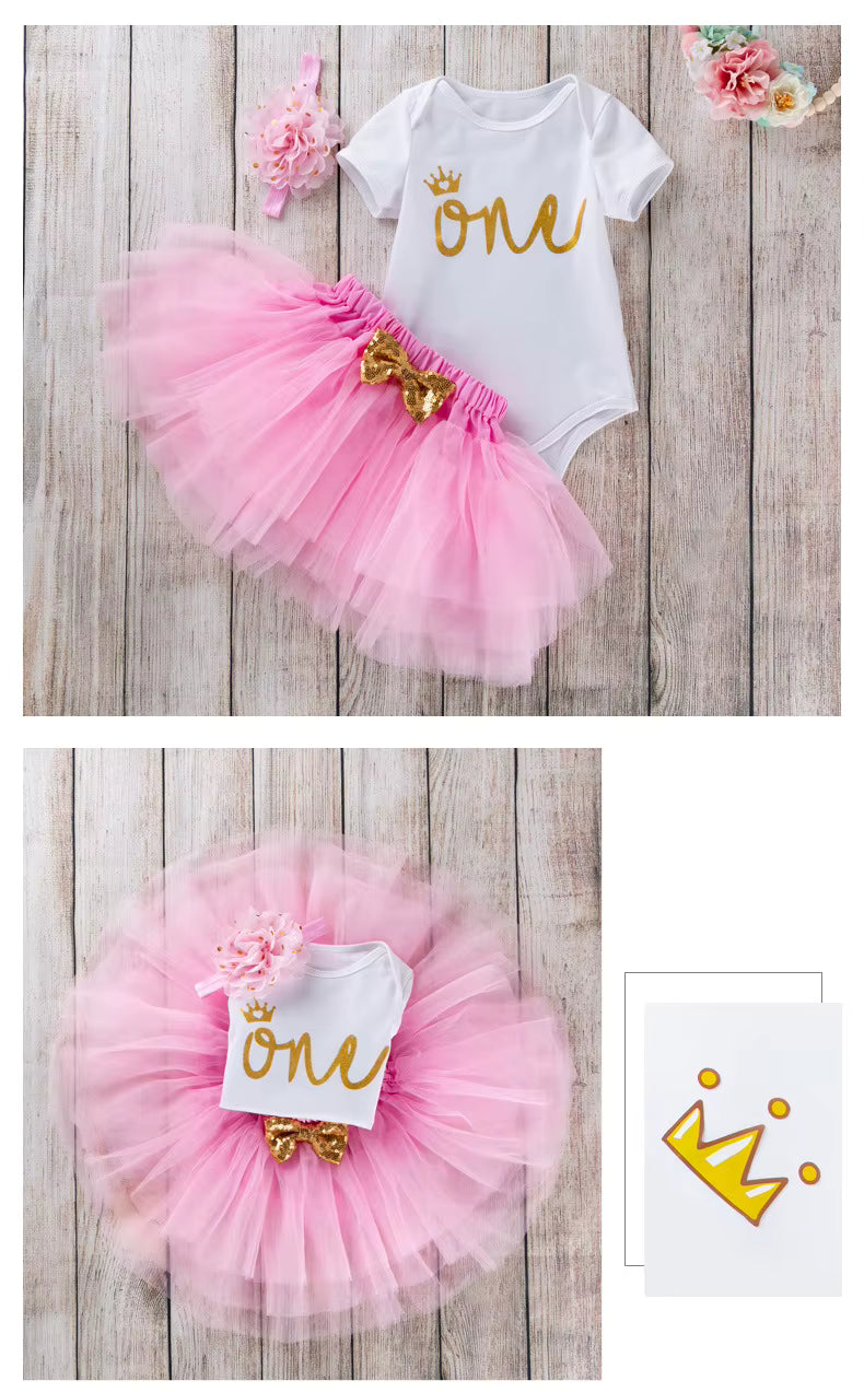 Baby Girl First Birthday Outfit – “One” Gold Letter Onesie, Pink Tutu Skirt & Headband Set