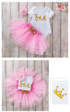 Baby Girl First Birthday Outfit – “One” Gold Letter Onesie, Pink Tutu Skirt & Headband Set