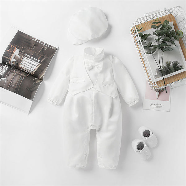 Baby Boy Baptism Outfit – White Christening Suit with Bow Tie & Hat
