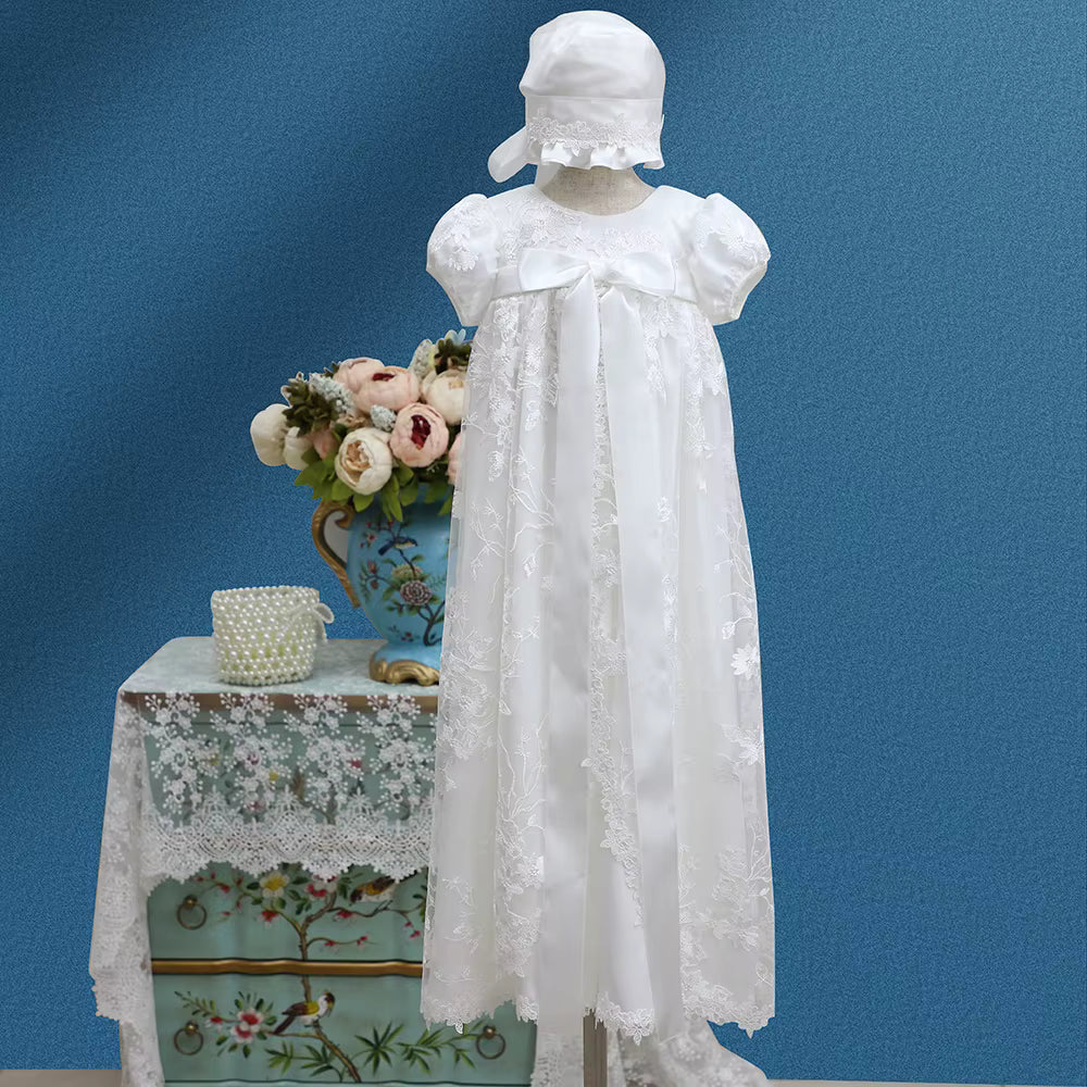 Elegant Baby Girl Baptism & Flower Girl Dress – Silk Christening Gown with Lace & Bonnet.  this dress comes with a free gift, White Rosary Cross Beaded Bracelet Pink Faux Pearl & Rhinestone Balls Bunny Bracelet's .
