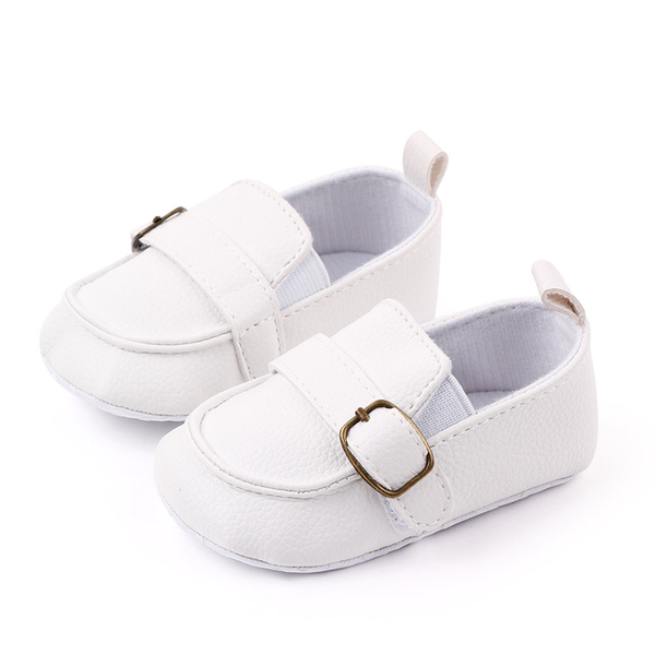 White Baby Loafers with Buckle – Soft Sole Dress Shoes for Boys & Girls