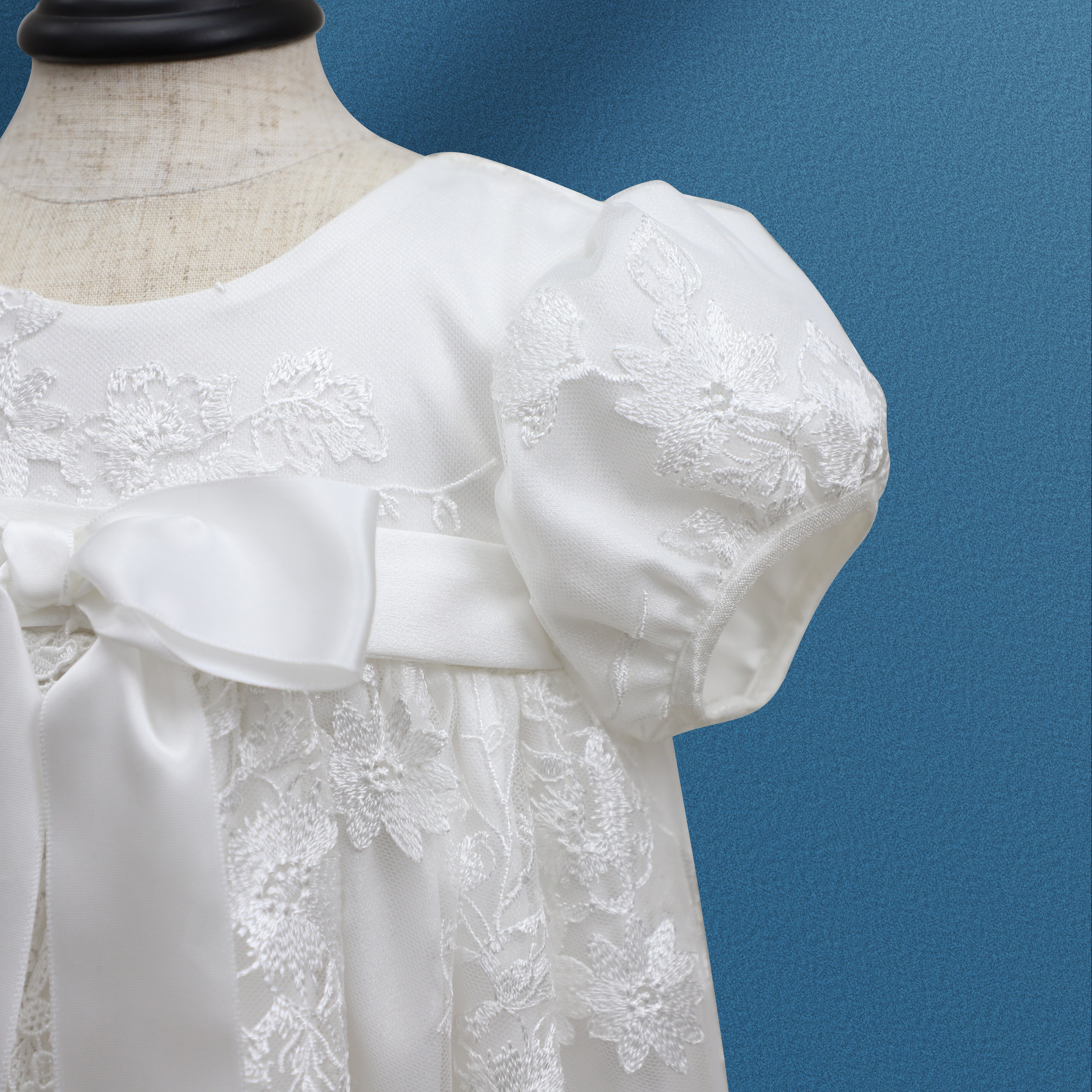 Elegant Baby Girl Baptism & Flower Girl Dress – Silk Christening Gown with Lace & Bonnet.  this dress comes with a free gift, White Rosary Cross Beaded Bracelet Pink Faux Pearl & Rhinestone Balls Bunny Bracelet's .