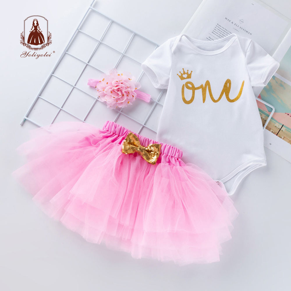Baby Girl First Birthday Outfit – “One” Gold Letter Onesie, Pink Tutu Skirt & Headband Set