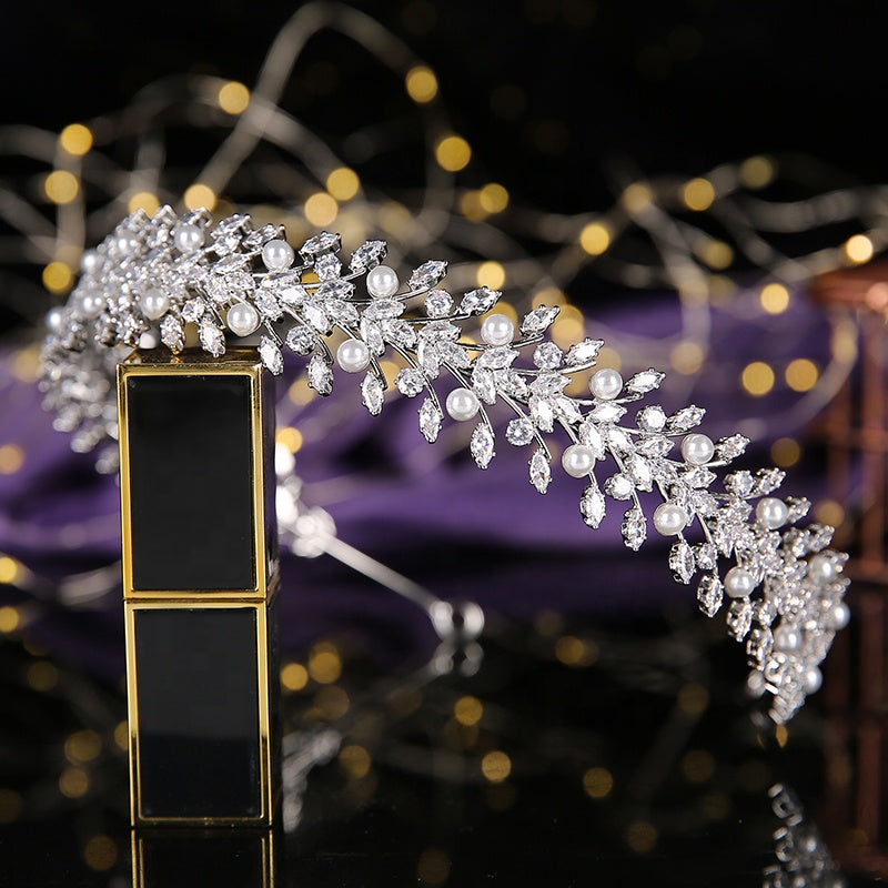 Silver Pearl Bridal Tiara – Handmade Leaf Vine Headpiece with Crystals for Wedding or Prom