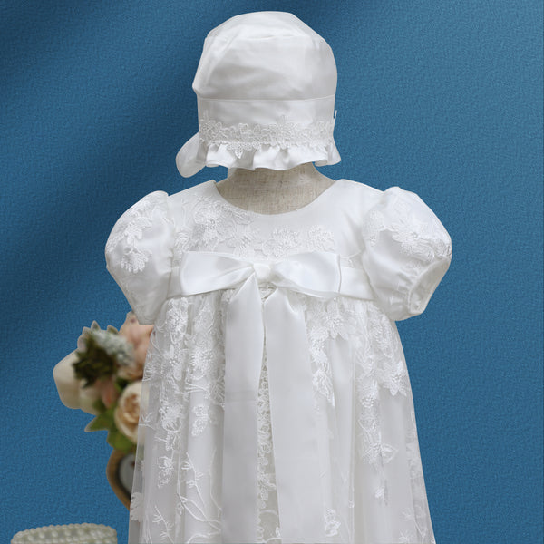 Elegant Baby Girl Baptism & Flower Girl Dress – Silk Christening Gown with Lace & Bonnet.  this dress comes with a free gift, White Rosary Cross Beaded Bracelet Pink Faux Pearl & Rhinestone Balls Bunny Bracelet's .