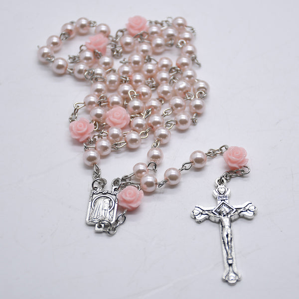 Pink Rose Bead Rosary with Silver Crucifix – Catholic Prayer Beads for Baptism & First Communion