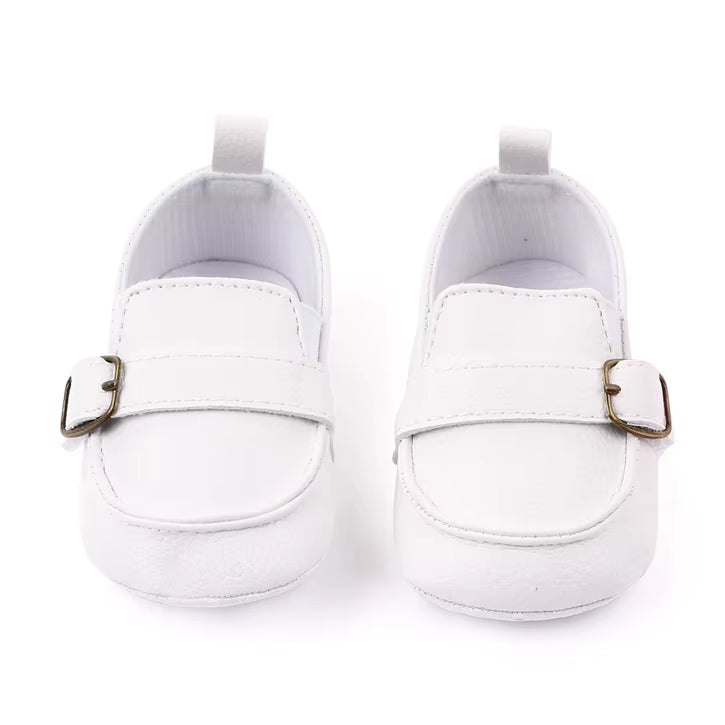 White Baby Loafers with Buckle – Soft Sole Dress Shoes for Boys & Girls