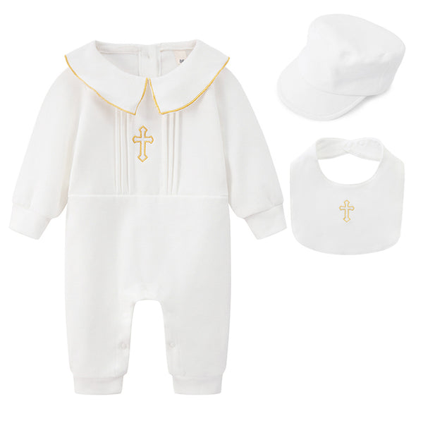 White Baby Christening Outfit Set – Cross Embroidered Romper, Cap & Bib