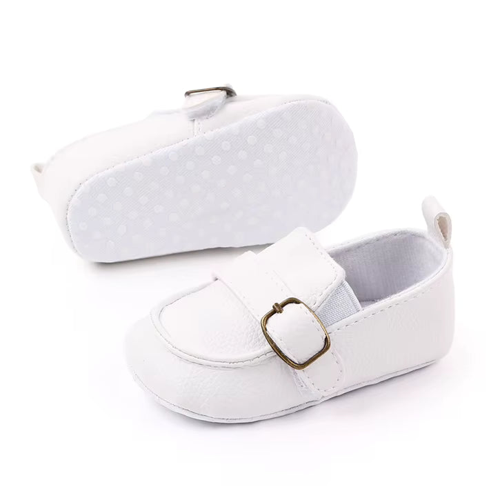 White Baby Loafers with Buckle – Soft Sole Dress Shoes for Boys & Girls