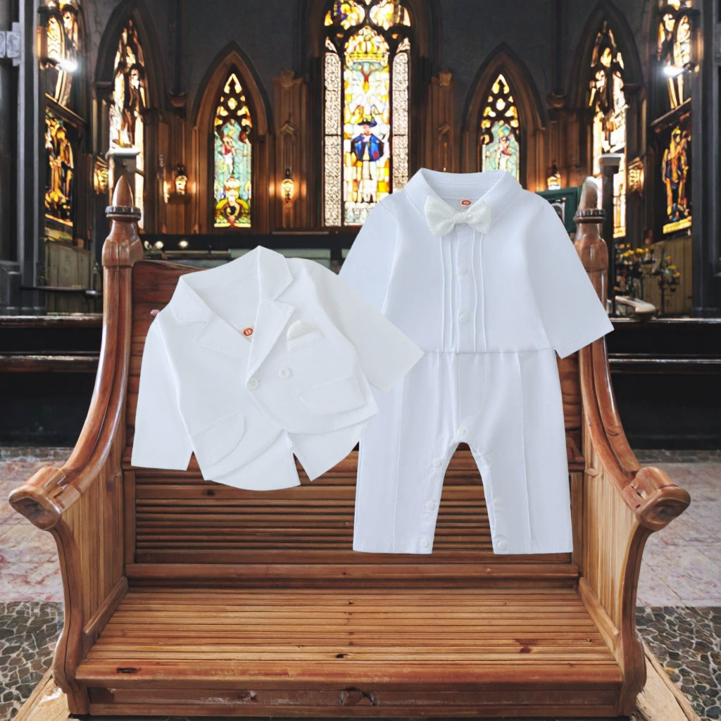 “Baby Boy White Suit with Bow Tie and Jacket – Elegant Outfit for Baptism, Christening & Special Occasions