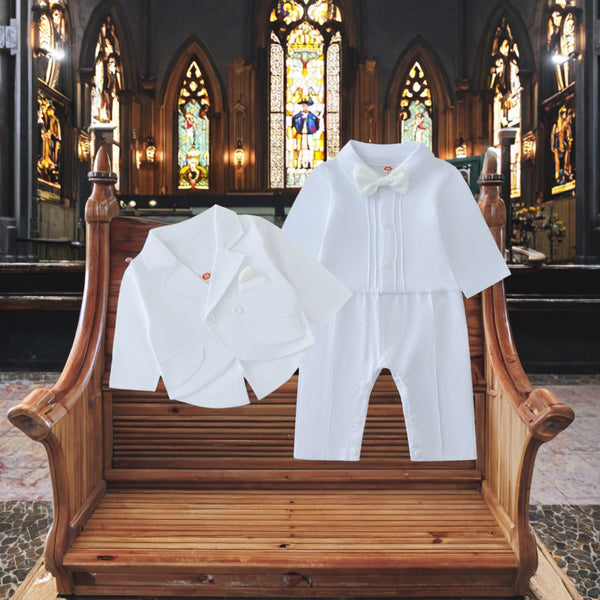 “Baby Boy White Suit with Bow Tie and Jacket – Elegant Outfit for Baptism, Christening & Special Occasions