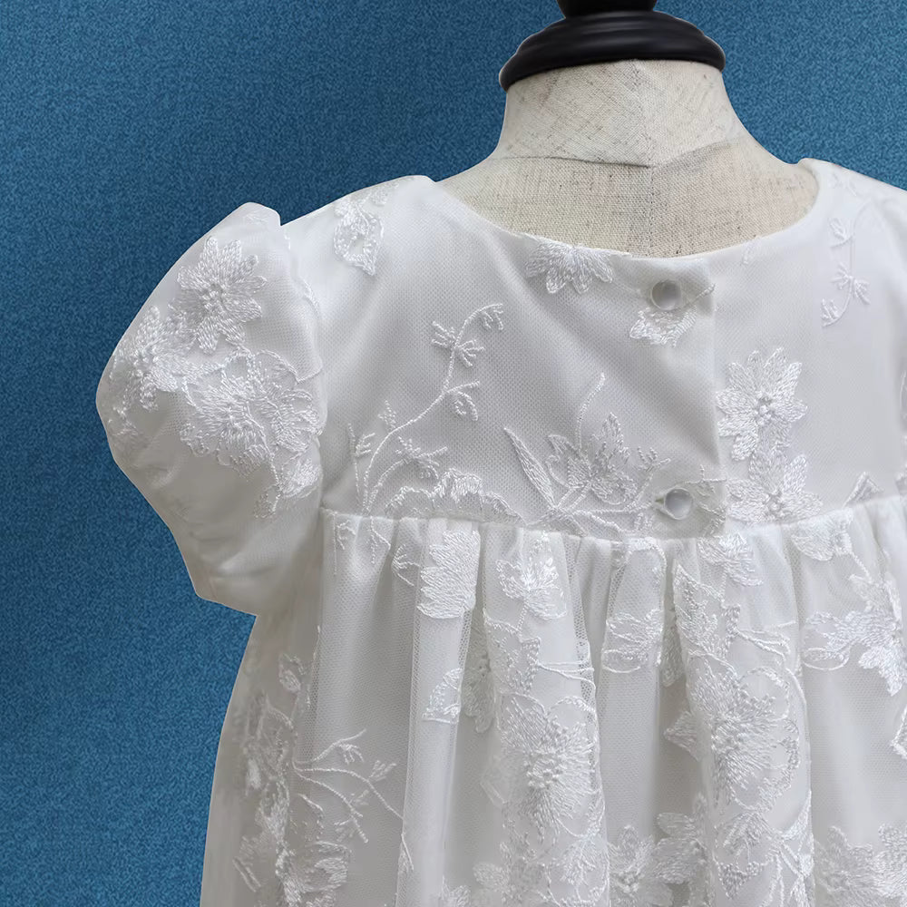 Elegant Baby Girl Baptism & Flower Girl Dress – Silk Christening Gown with Lace & Bonnet.  this dress comes with a free gift, White Rosary Cross Beaded Bracelet Pink Faux Pearl & Rhinestone Balls Bunny Bracelet's .