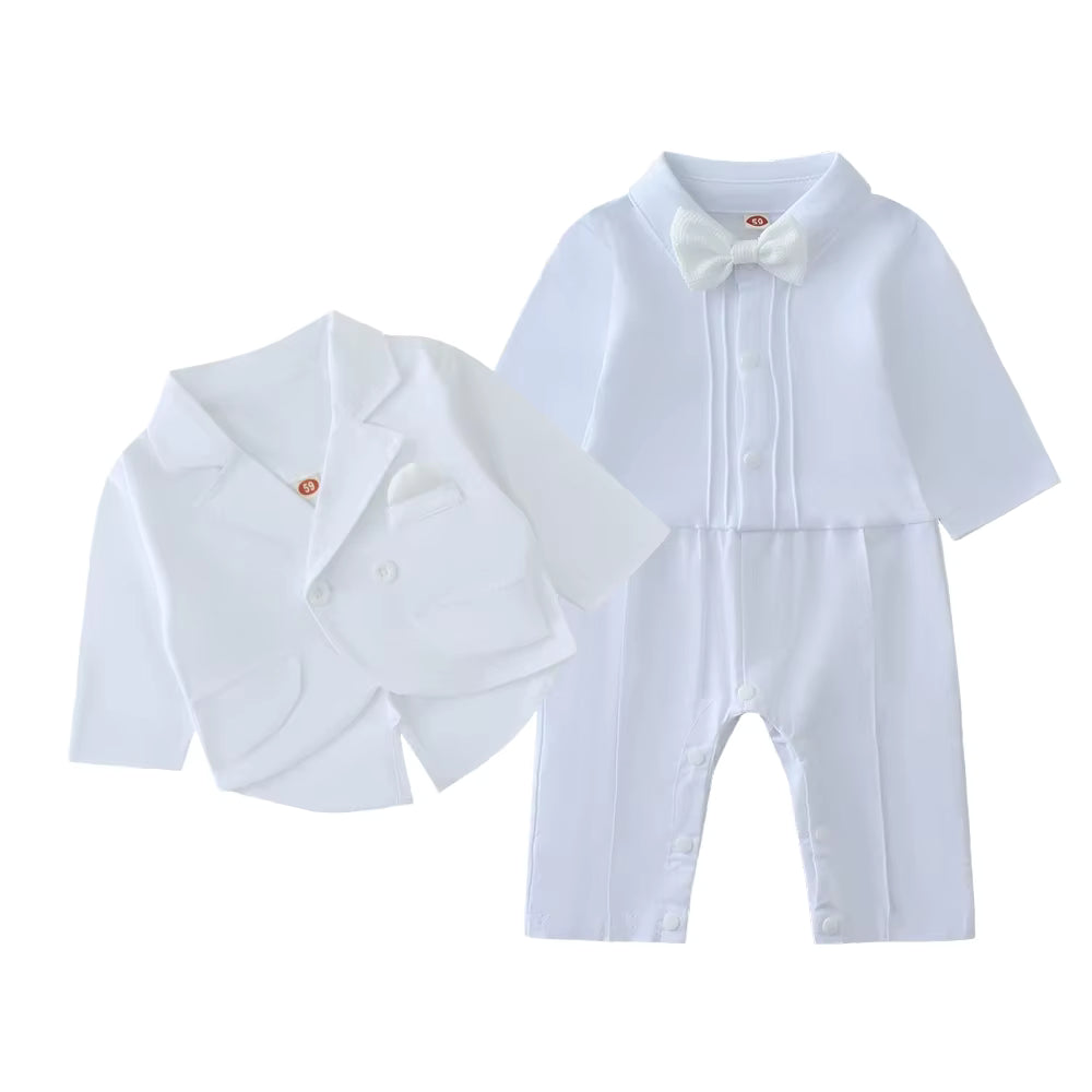 “Baby Boy White Suit with Bow Tie and Jacket – Elegant Outfit for Baptism, Christening & Special Occasions