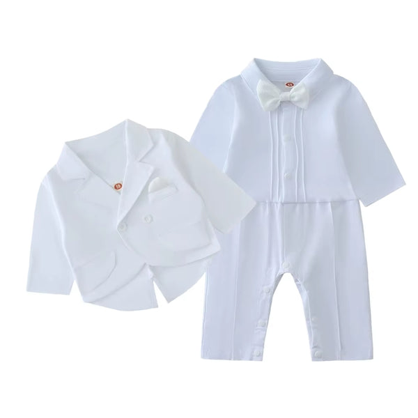 “Baby Boy White Suit with Bow Tie and Jacket – Elegant Outfit for Baptism, Christening & Special Occasions