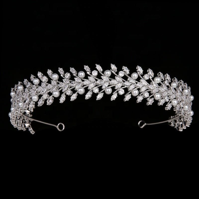 Silver Pearl Bridal Tiara – Handmade Leaf Vine Headpiece with Crystals for Wedding or Prom