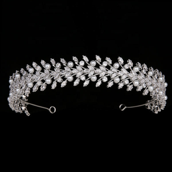 Silver Pearl Bridal Tiara – Handmade Leaf Vine Headpiece with Crystals for Wedding or Prom