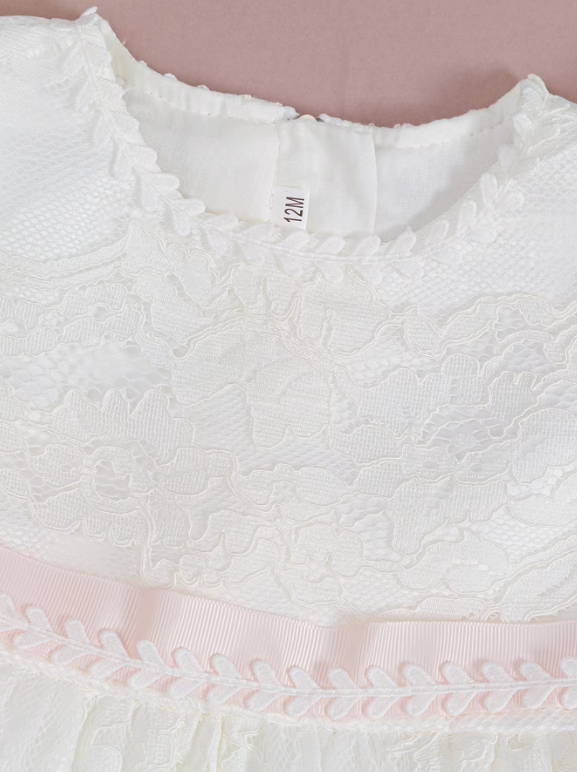 Baby Girl White Baptism Dress with Lace Bonnet | Long Christening Gown with Pink Satin Sash