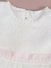Baby Girl White Baptism Dress with Lace Bonnet | Long Christening Gown with Pink Satin Sash