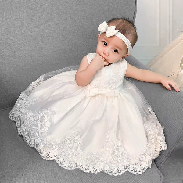 Elegant White Lace Baby Girl Dress with Bow – Infant Christening & Birthday Outfit