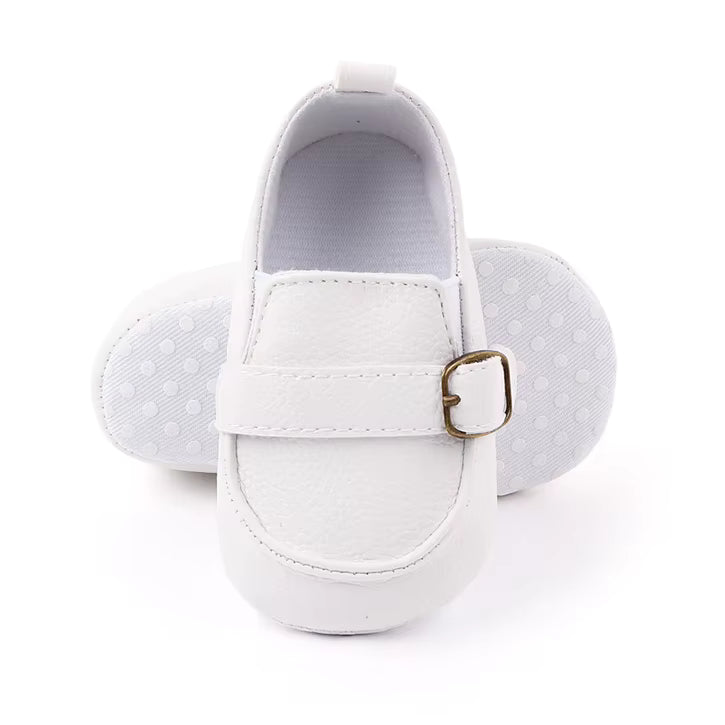 White Baby Loafers with Buckle – Soft Sole Dress Shoes for Boys & Girls
