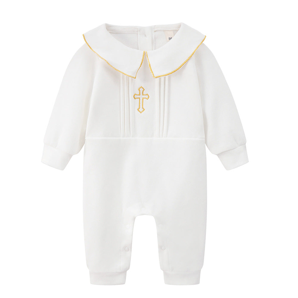 White Baby Christening Outfit Set – Cross Embroidered Romper, Cap & Bib