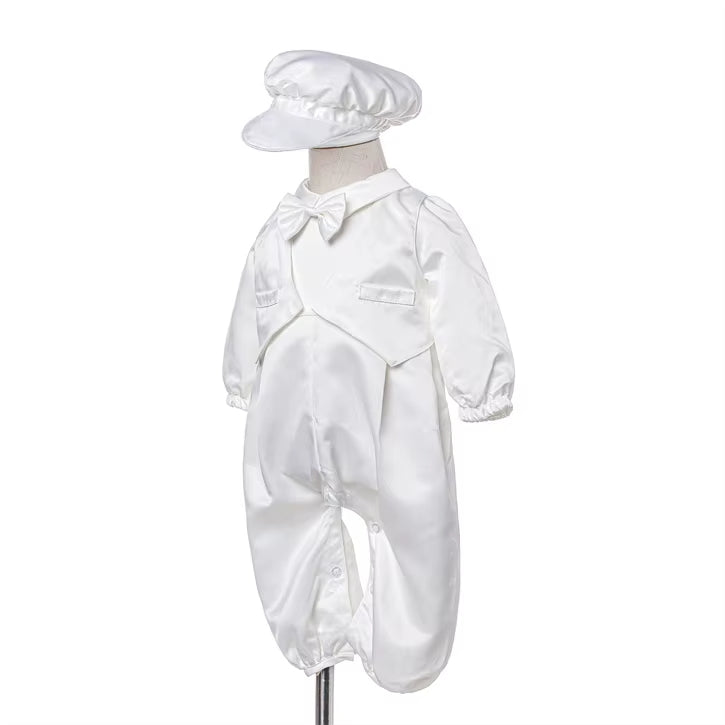 Baby Boy Baptism Outfit – White Christening Suit with Bow Tie & Hat