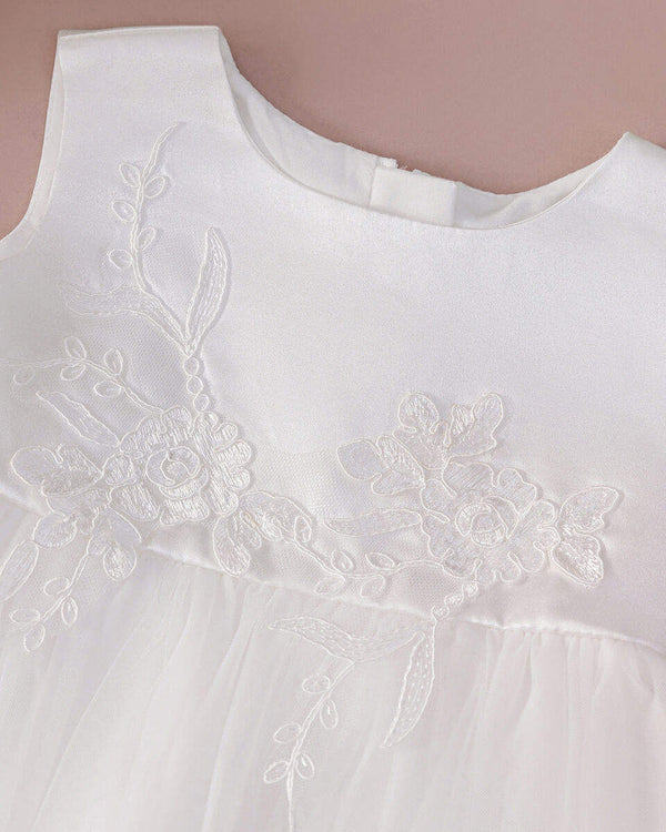 Baby Girl Baptism Dress – White Tulle Christening Gown with Floral Headband | First Birthday Dress