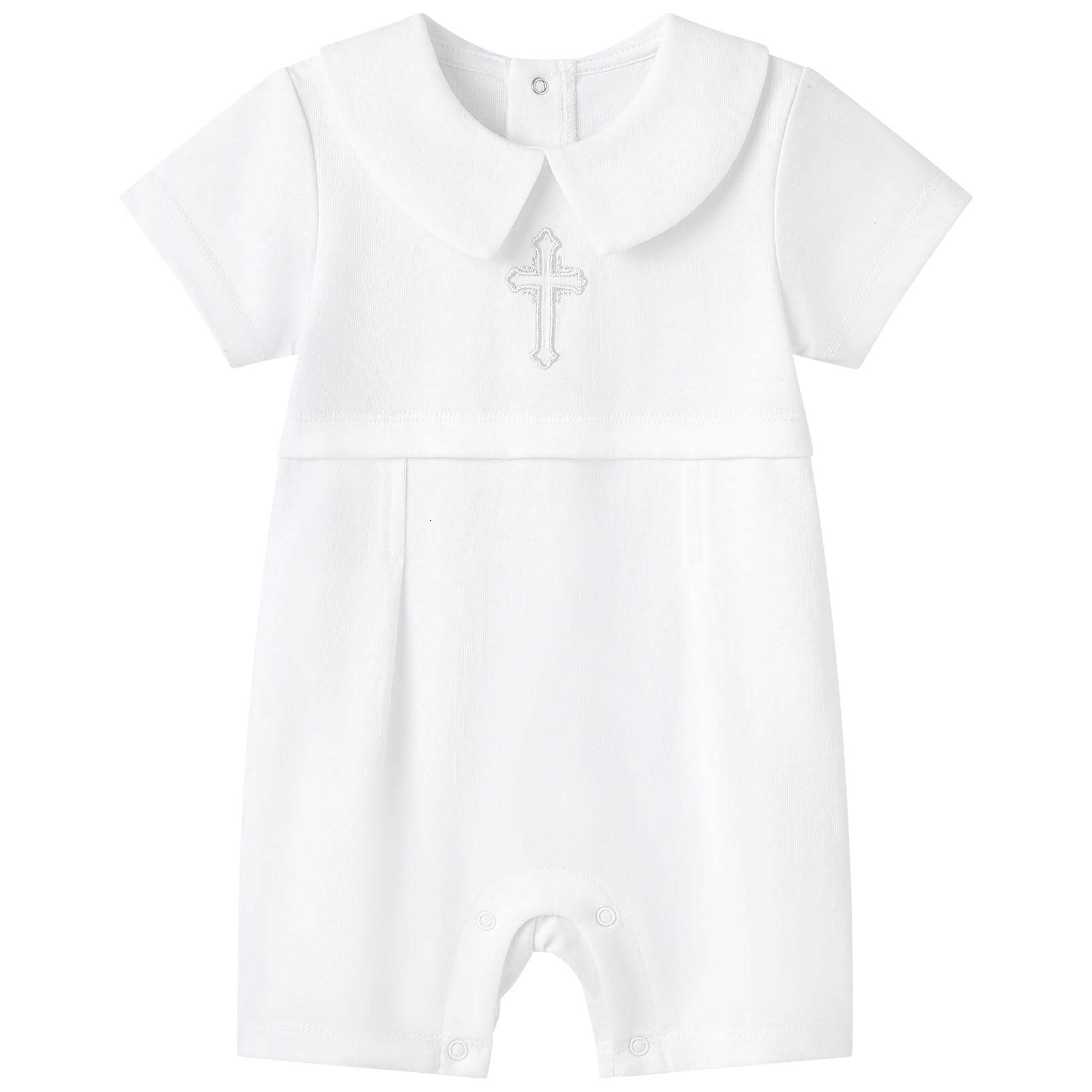 Baby Boy 3‑Piece Christening Outfit – Organic Cotton White Romper, Hat & Bib with Embroidered Cross