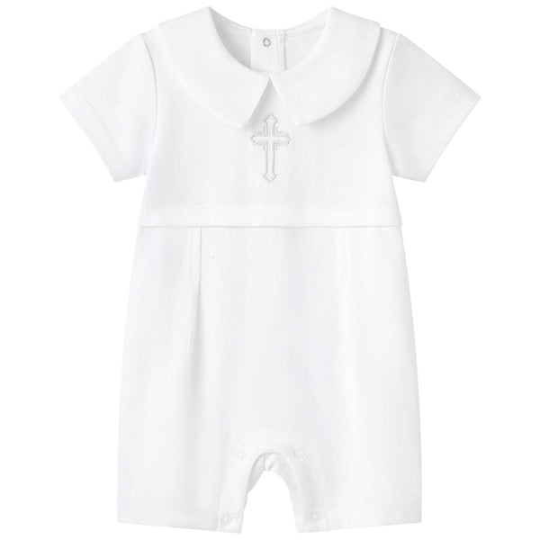 Baby Boy 3‑Piece Christening Outfit – Organic Cotton White Romper, Hat & Bib with Embroidered Cross