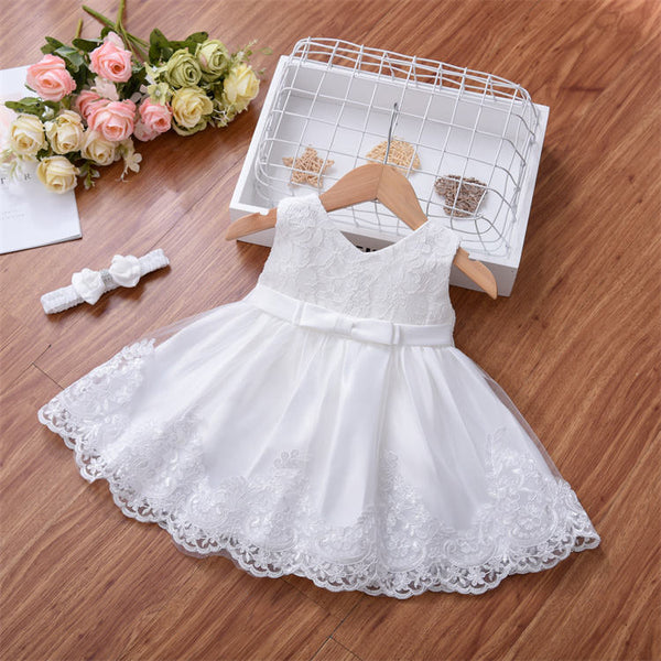 Christening Outfit Baby Girl – Handmade White Lace Baptism Dress with Floral Headband