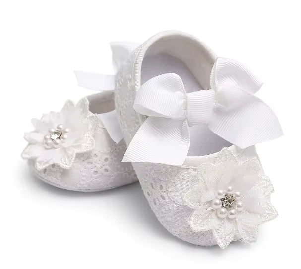White Baby Girl Baptism Shoes - Lace Christening Shoes with Pearls & Bow