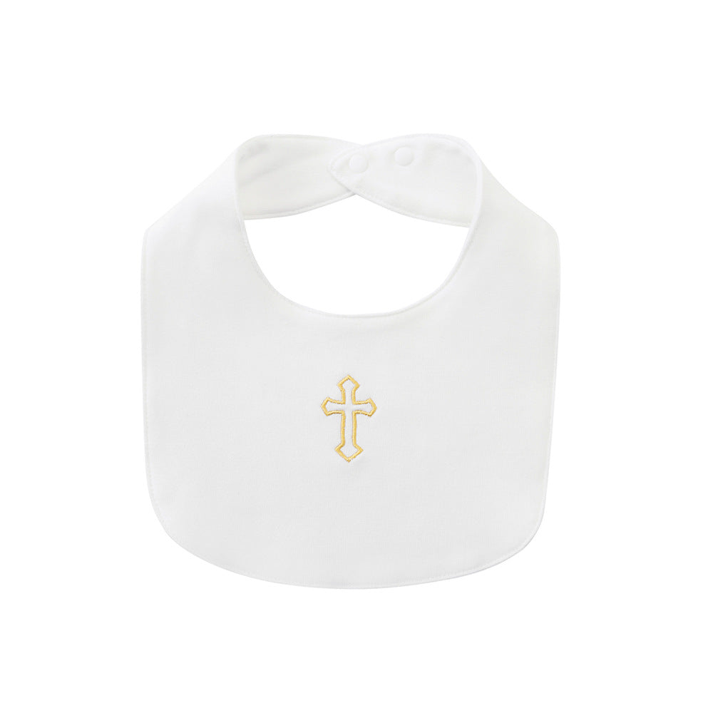 White Baby Christening Outfit Set – Cross Embroidered Romper, Cap & Bib
