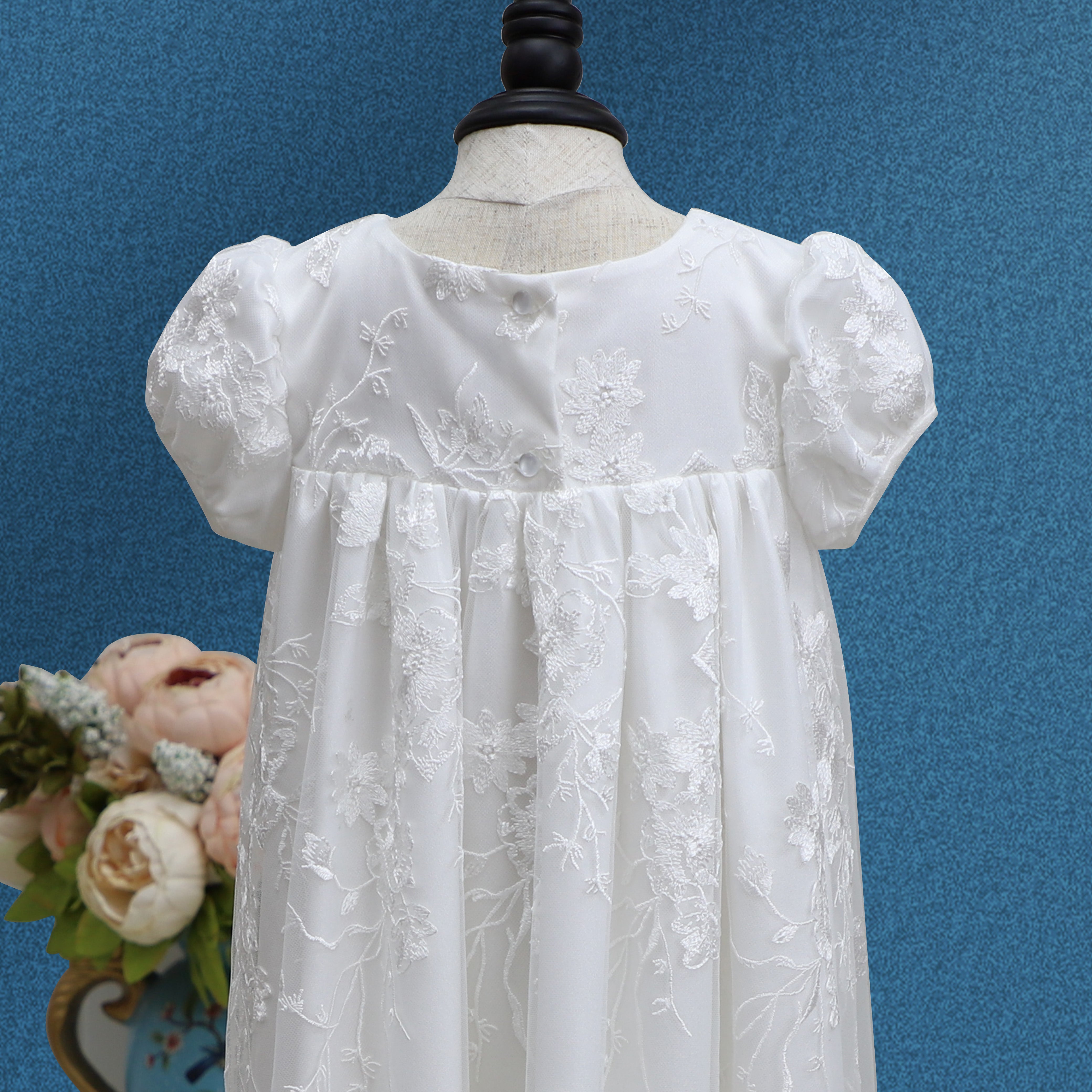 Elegant Baby Girl Baptism & Flower Girl Dress – Silk Christening Gown with Lace & Bonnet.  this dress comes with a free gift, White Rosary Cross Beaded Bracelet Pink Faux Pearl & Rhinestone Balls Bunny Bracelet's .