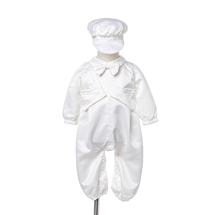 Baby Boy Baptism Outfit – White Christening Suit with Bow Tie & Hat