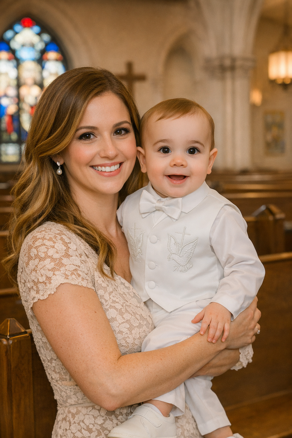 Baby Boy Christening Outfit – White Baptism Suit Set with Vest, Pants & Bonnet | Formal Baptism Clothes