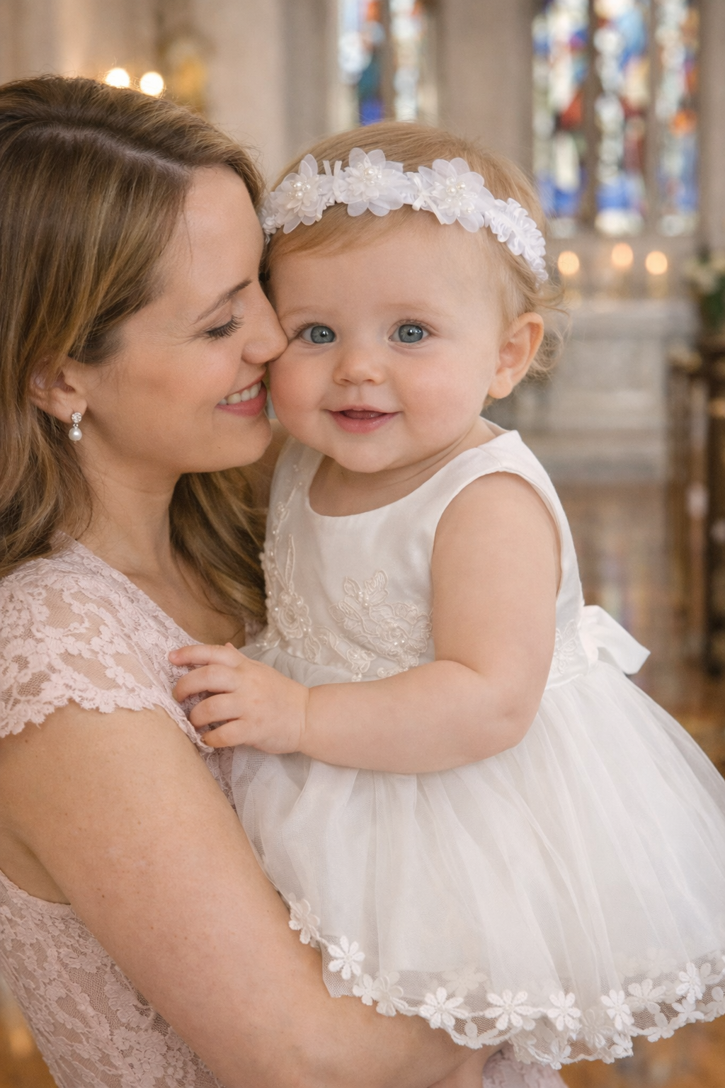 Baby Girl Baptism Dress – White Tulle Christening Gown with Floral Headband | First Birthday Dress
