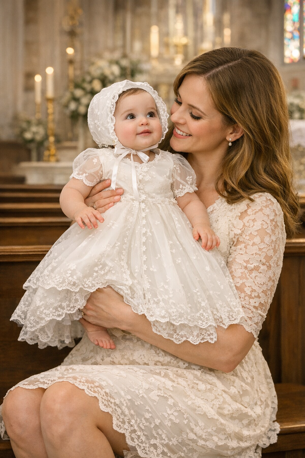 Angelic Christening/Baptism Gown With Removable Lace Overlay & Bonnet and Bow For Baby Girl