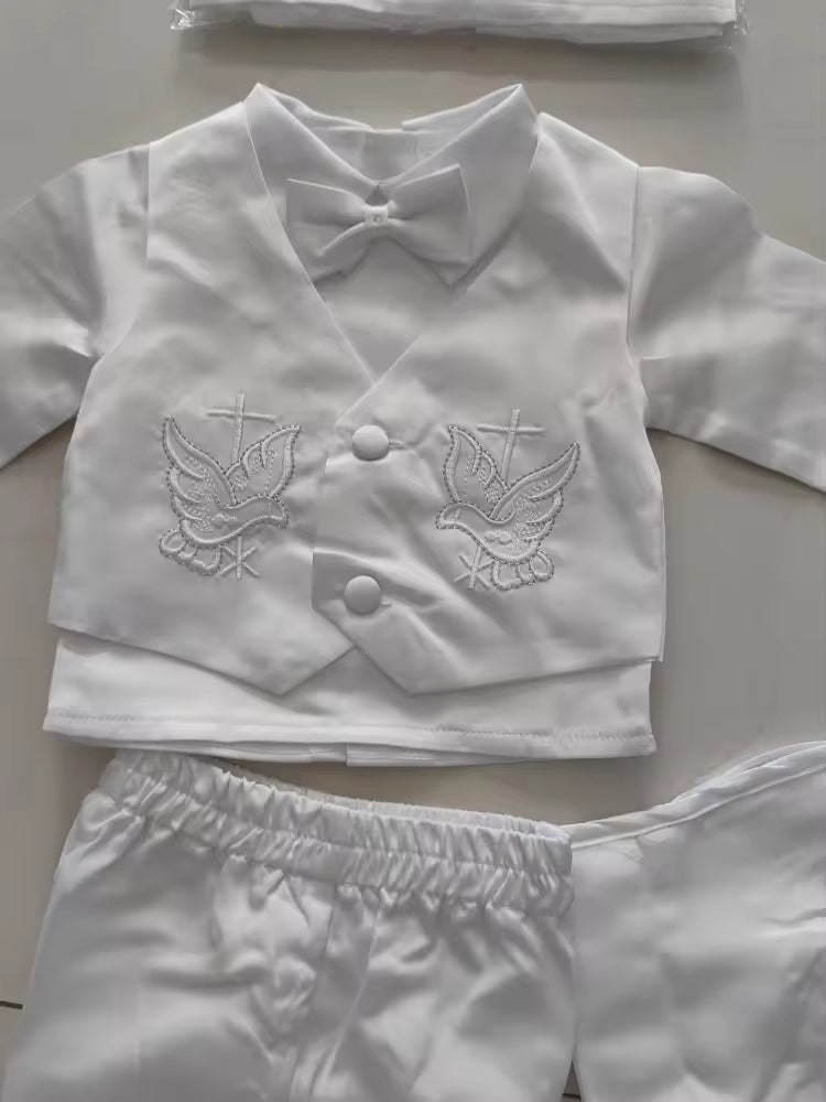 Baby Boy Christening Outfit – White Baptism Suit with Vest, Pants & Bonnet